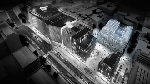 Perspective aérienne intégrée dans le projet Royal Hamilius