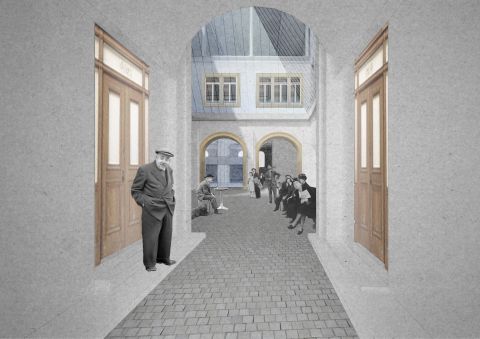 Vue du porche vers la cour intérieure